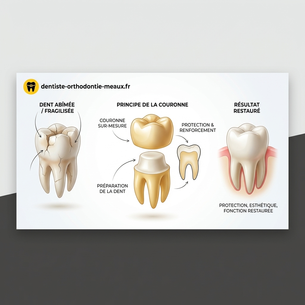 Schéma explicatif d'une couronne dentaire montrant une dent fragilisée, la pose de la couronne et la dent restaurée